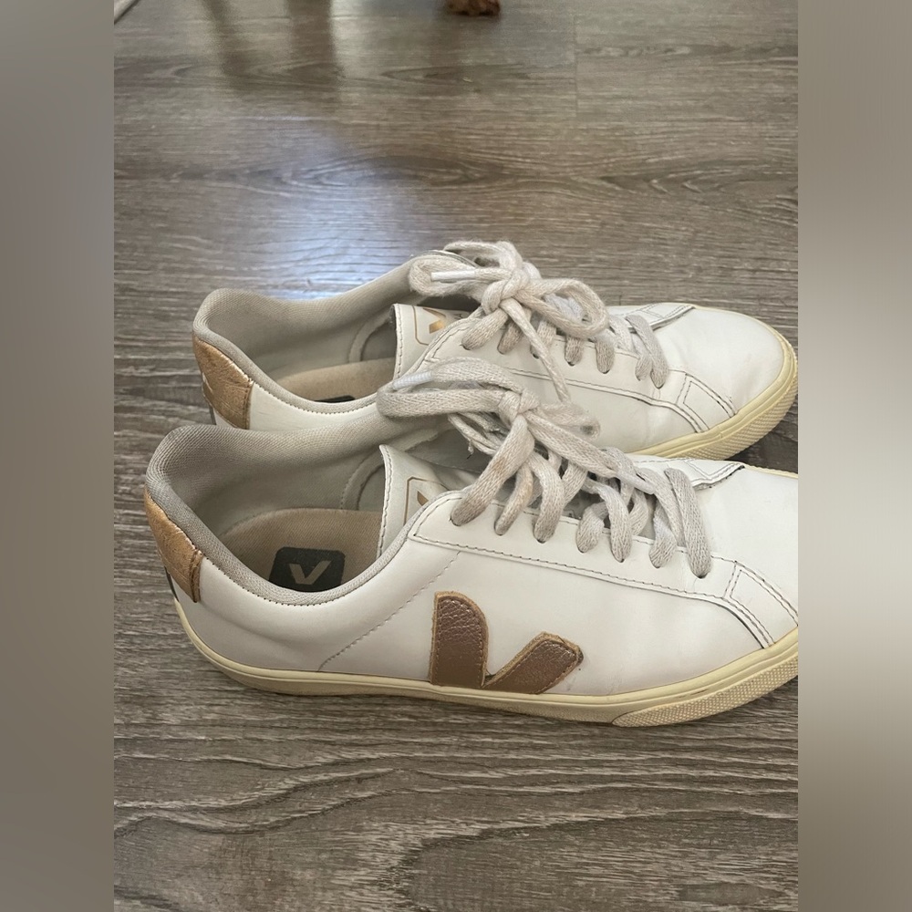 Veja Women's White Sneakers with Gold V Accent